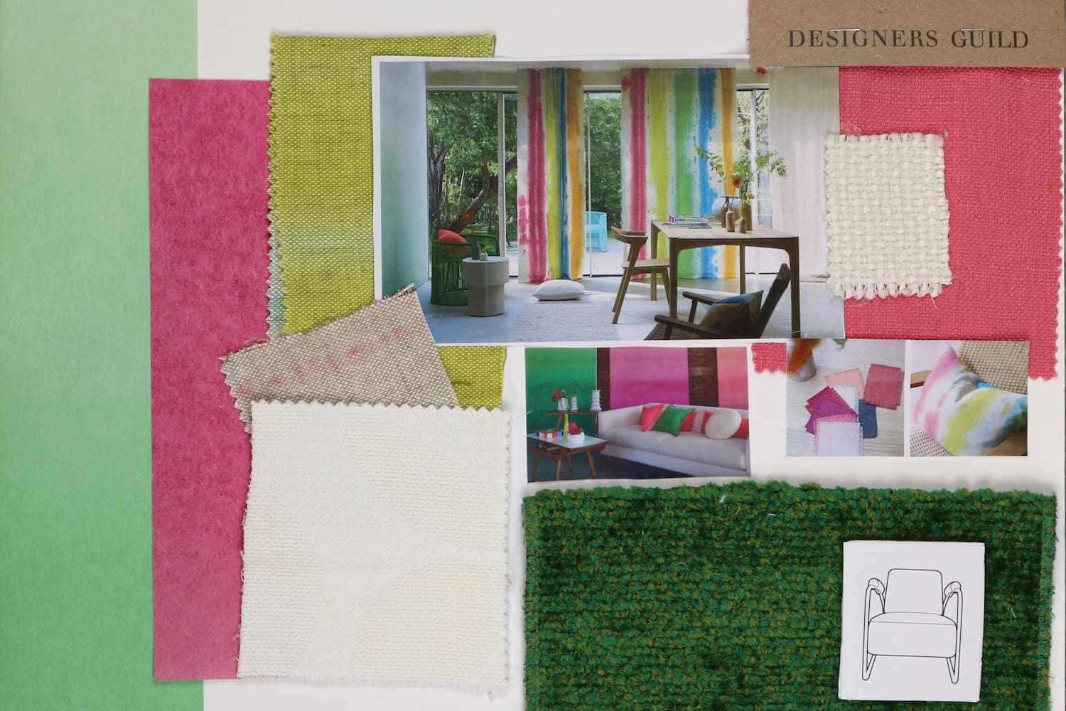 Collage wonen: een collage met groene en roze textiel