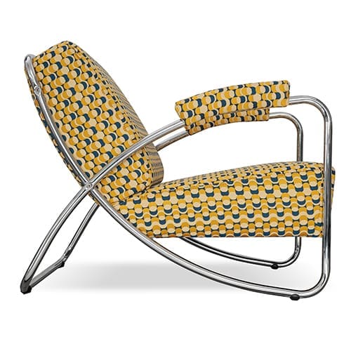 dyker 20 mira Fauteuil Dyker 20 van Dutch Seating Company met retro geel-blauw patroon en gebogen chromen buisframe.