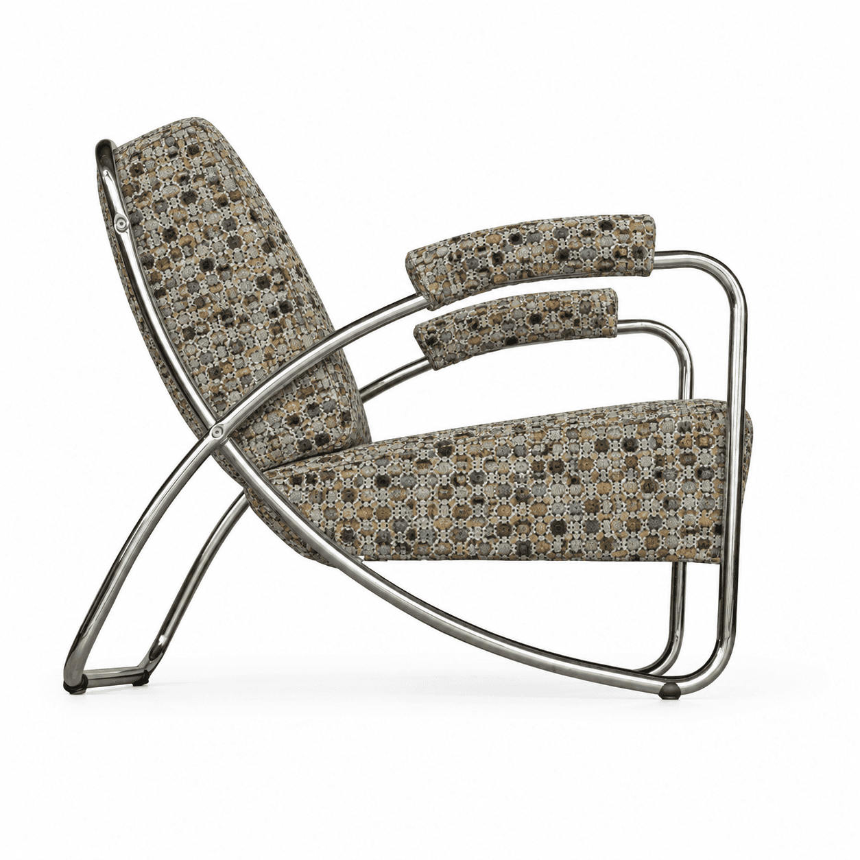 Dyker 20 fauteuil van Dutch Seating Company met hoogglans chroombuisframe, bekleed met Osborne & Little Ariani Multi uit de Serenissima collectie.