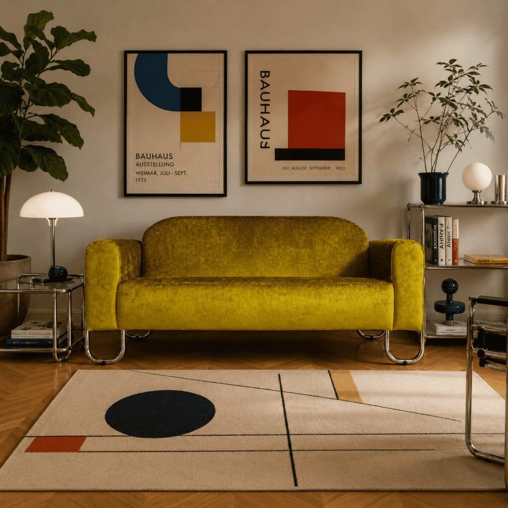 dyker 30 eclectisch interieur Groene designbank in eclectisch interieur met Bauhaus accessoires, geometrisch vloerkleed, chromen bijzettafels, designposters en planten. DSCO.NL