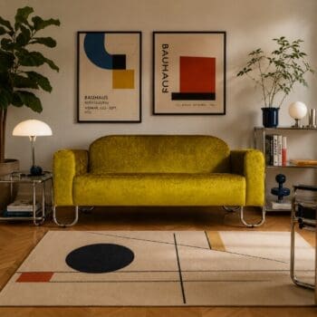 Groene designbank in eclectisch interieur met Bauhaus accessoires, geometrisch vloerkleed, chromen bijzettafels, designposters en planten. DSCO.NL