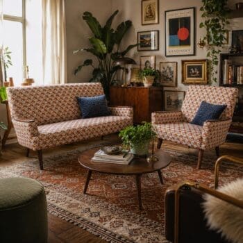 vintage bank en fauteuil in een eclectisch interieur. DSCO.NL