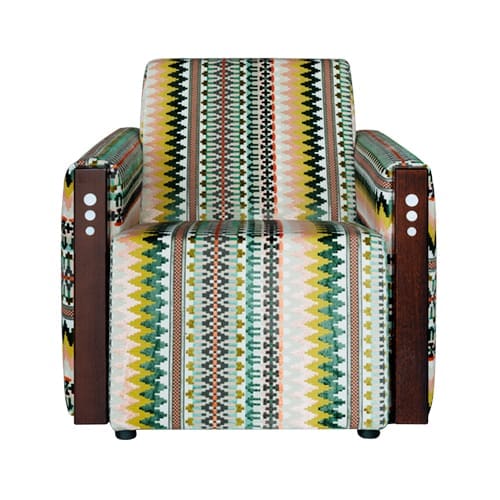 Rooker Talulah fauteuil met grafisch patroon in groen, geel en roze – stijlvolle en comfortabele Art Deco fauteuil.