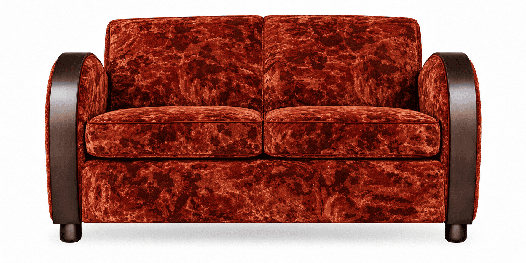 Art Deco Rooker 02 bank van Dutch Seating Company bekleed met rode Nobilis Velours Orme 11035.58 en donkere houten armleuningen. DSCO.NL