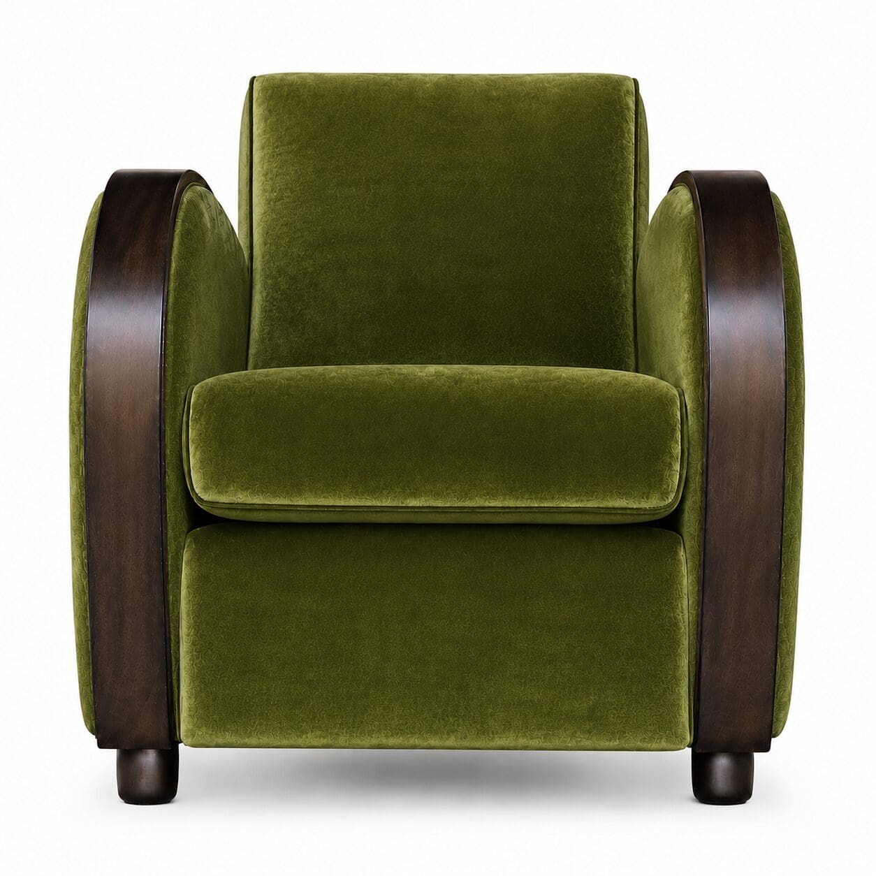 Rooker 02 art-decofauteuil in Bellagio moss, met groene velours bekleding en gebogen donkerhouten armleuningen. DSCO.NL